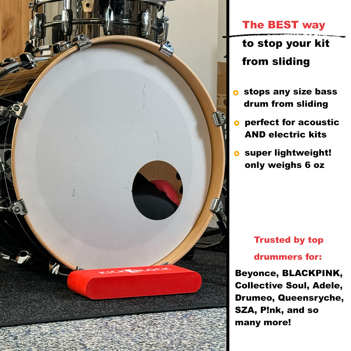 KickBlock Bass Drum Anchor - Stops Kick Drum Creep On Carpet & Rugs